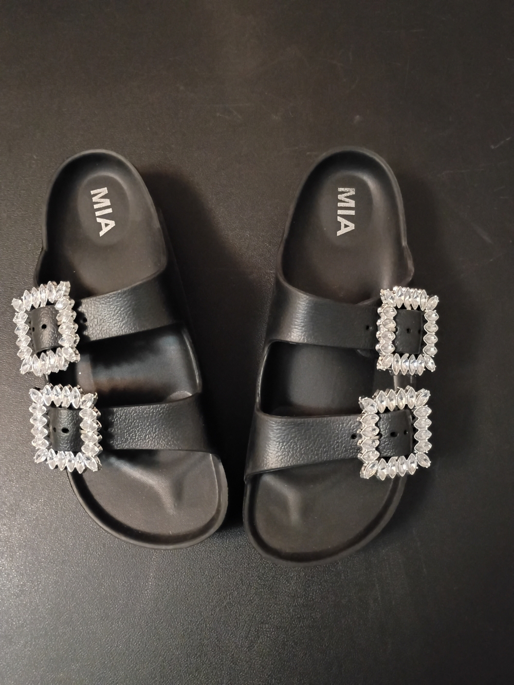 MIA Women's Rhinestone Double-Strap Slide Sandals - Black Size 7